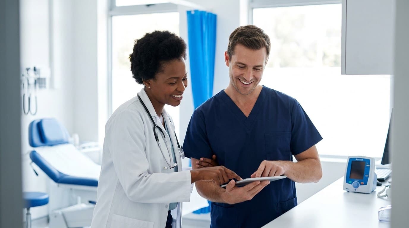 Care team collaborating in a modern clinical setting
